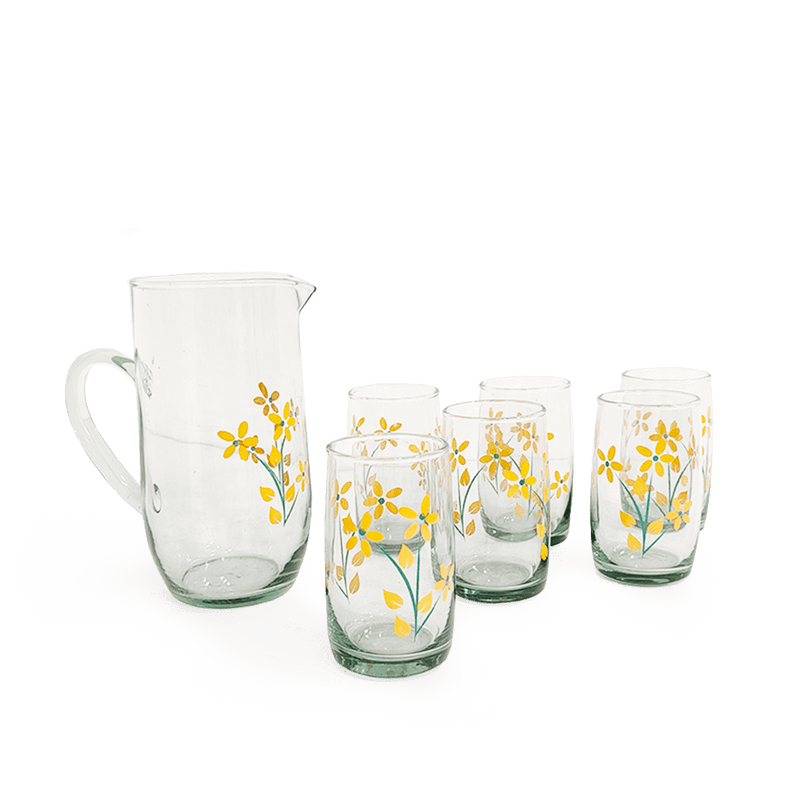 Jarra 6 Vasos Decorada Vidrio